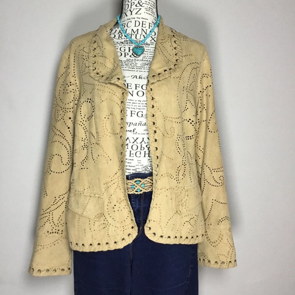Chicos faux suede tan jacket perforated details stitch Western edging Cowgirl M